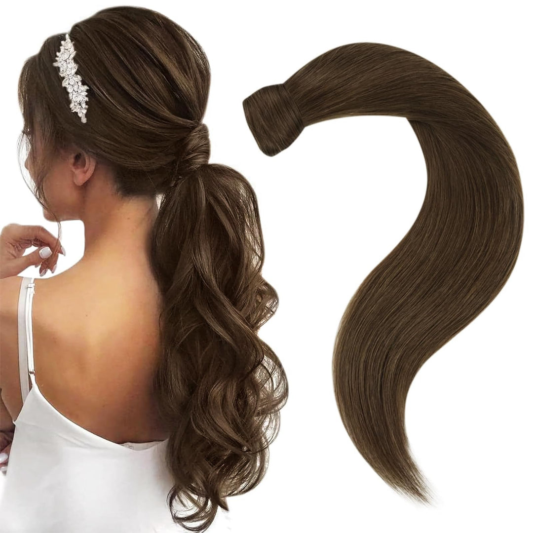 Easyouth Ponytail Hair Extensions Seamless Human Hair Ponytail Extensions Chocolate Brown Pony Tail Human Hair Extensions Easy T