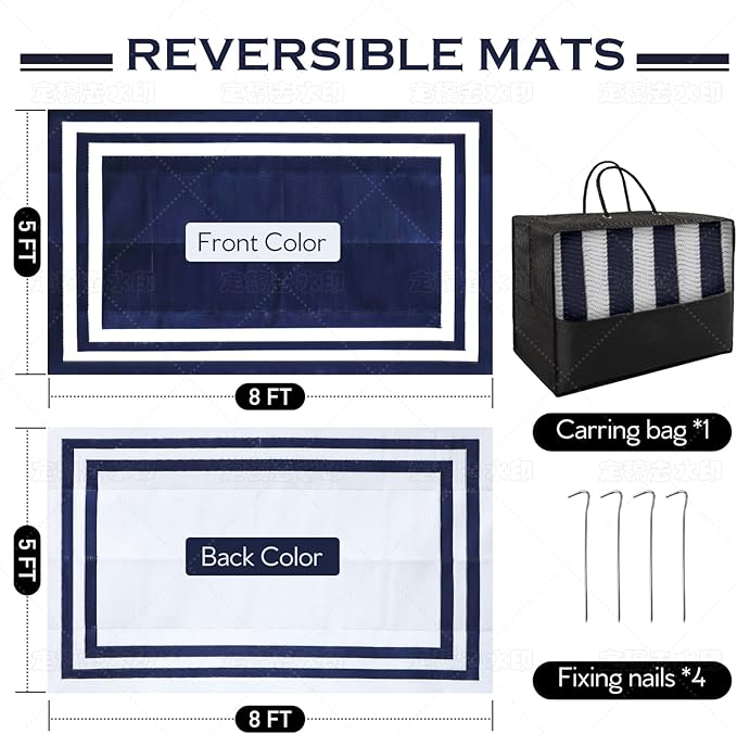5'x 8' Outdoor Rug,Waterproof Reversible Patio Rugs,5x8 ft Plastic Straw Outdoor Carpet Foldable Plastic Camping Mat for Outside RV, Patio,Picnic,Camper,Balcony,Porch(Navy Blue &White)