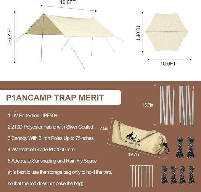 P1ancamp 10×10FT Camping Tarp with 2×6.6FT Poles, Waterproof & Lightweight Tent Tarp, Rain Fly Sun Shelter, 210D Oxford UPF50+ Shelter can Used with Car,Tent & Hammock for Picnic, Garden & Outdoor