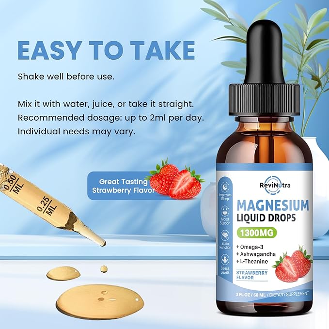 Triple Magnesium Complex Liquid Drops, 1300mg Magnesium Glycinate, Taurate & Citrate with Omega3, L-Theanine, Ashwagandha, Potassium, D3, B6, B12 for Calm, Sleep, Muscle, Strawberry Flavor, 2 Fl OZ