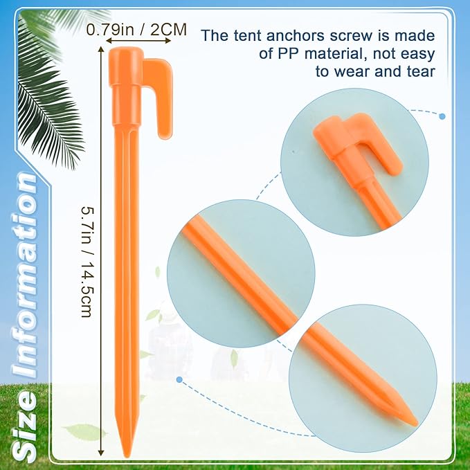 24 Pack Plastic Tent Stakes 5.7 Inch Heavy Duty Canopy Anchoring Pegs Plastic Tent Pegs Sand Stakes Outdoor Beach Spikes for Camping, Gardening, Landscaping, Backpacking(Orange)