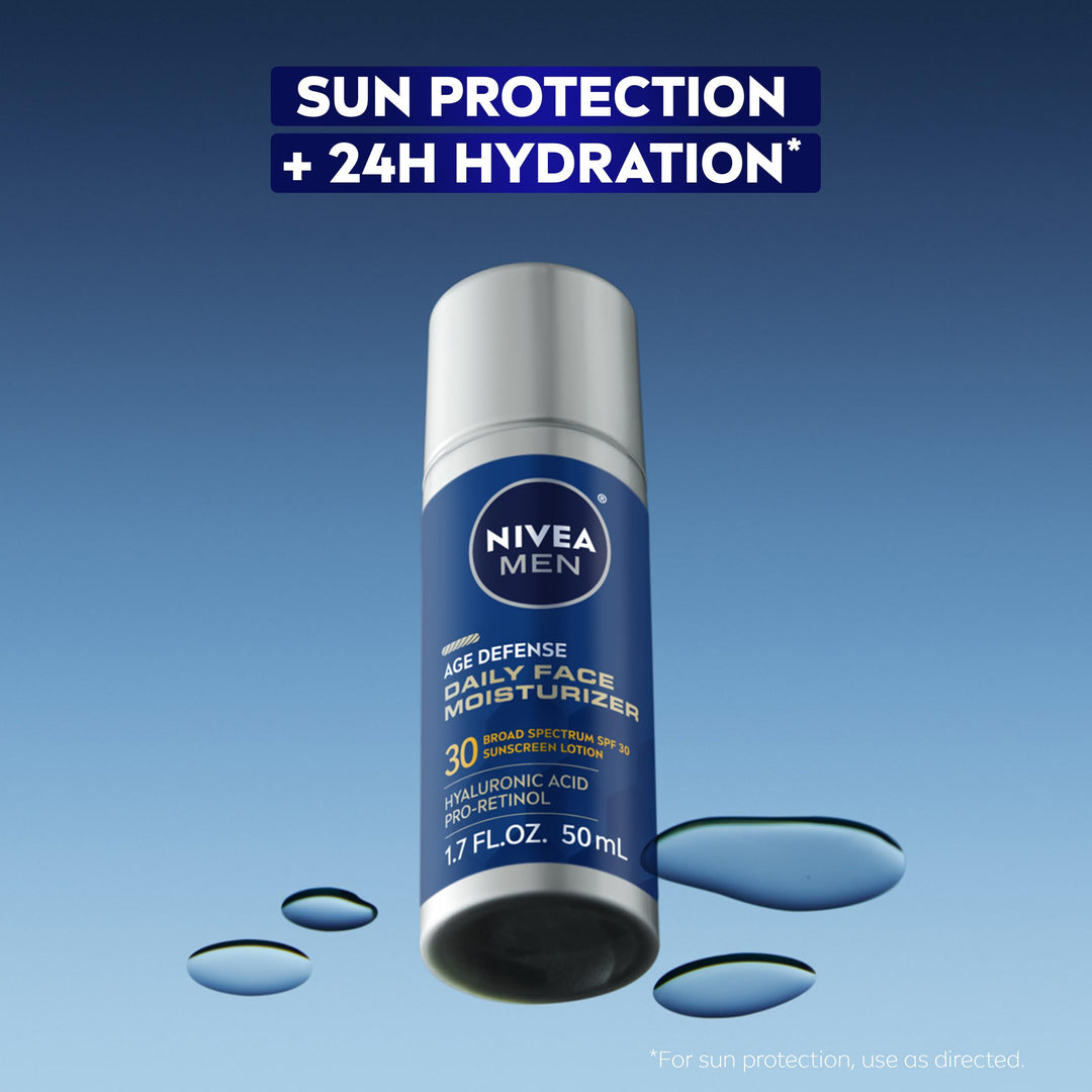 NIVEA MEN Age Defense Daily Face Moisturizer with Broad Spectrum SPF 30 Sunscreen, Pro-Retinol and Hyaluronic Acid, Beard-Friendly Face Lotion Helps Defend Against UVA/UVB Rays, 1.7 Fl Oz Bottle