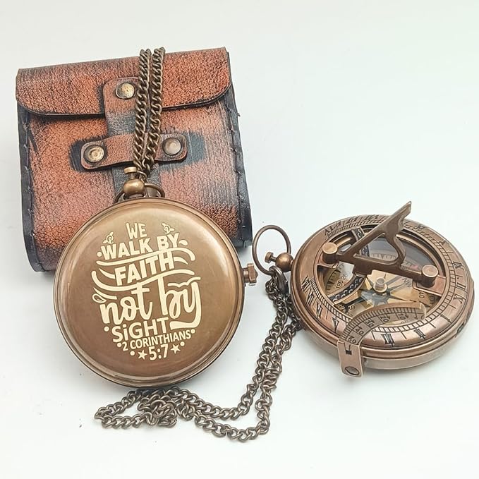 Behinde You Engraved Sundial Compass with Leather case. We Walk by Faith Not by Sight Corinthians 5:7 Compass. Personalized Brass Pocket Compass Gifts for Men, Him, Son