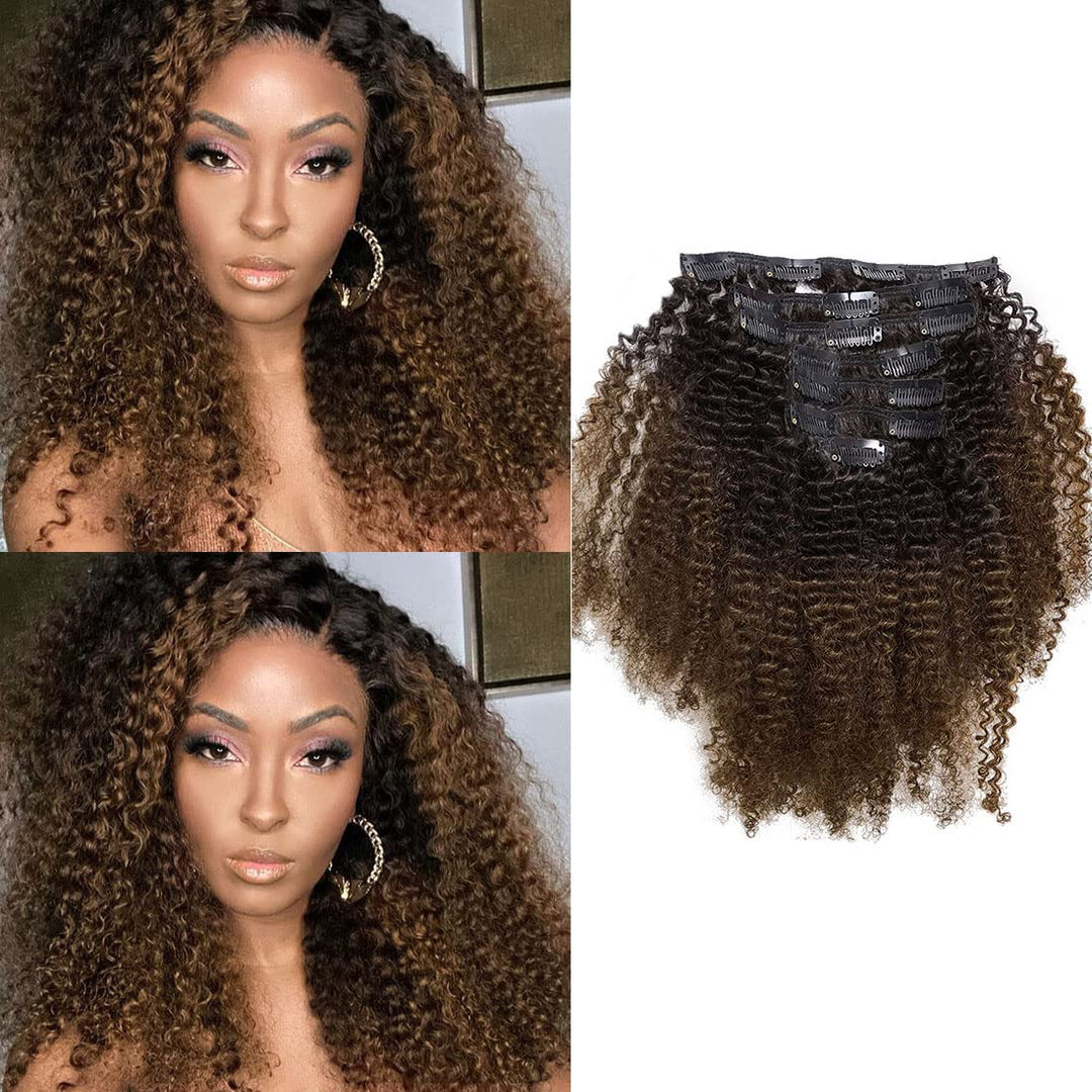 African American Afro Kinky Curly Clip Ins Hair Extensions Double Weft Top Grade Brazilian Virgin Hair, Two Tone Ombre Brown 120