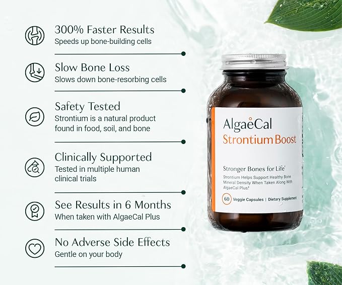 AlgaeCal - Strontium Boost, Natural Strontium Supplement for Bone Density Increase, Strontium Citrate 680 mg, Easy to Swallow for Bone Health & Bone Strength, Gluten-Free - Veggie Caps, 3 Month Supply