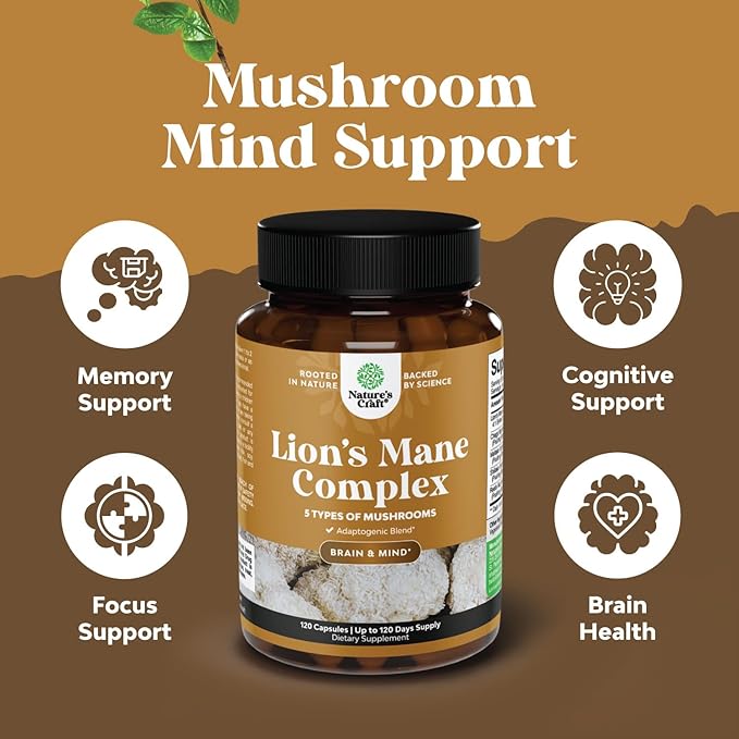 Advanced Lion's Mane Mushroom Supplement - Lions Mane Supplement Capsules with Reishi, Chaga , Maitake & Shiitake for Brain Health, Memory Support & Focus - Nootropic for Mental Clarity - 120 Caps