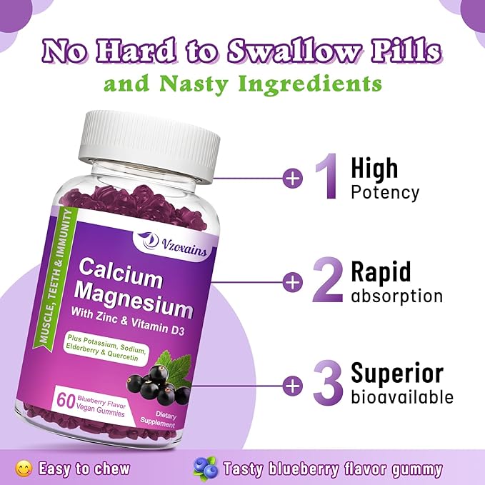 High Absorption Calcium Gummies, Calcium Magnesium Zinc with Magnesium Glycinate, Potassium, Vitamin D3 for Women & Men- Blueberry Flavored 60 Cts
