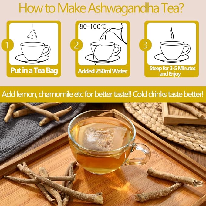 Premium 40 Ashwagandha Tea Bags, Made with 100% Wild Ashwagandha Root, No Additives & Caffeine free.