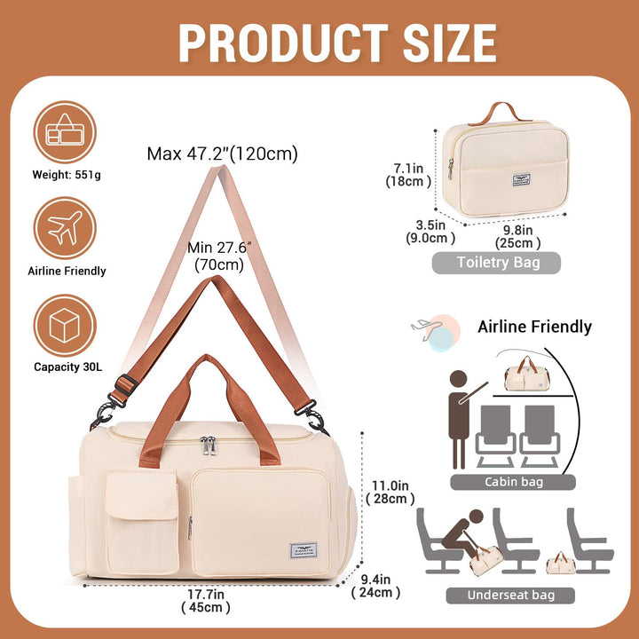 FIORETTO Women's Water-Resistant Gym Duffle Bag with Shoes Compartment, 37L Capacity, Multi-Functional, Ideal for Travel, Gym, Sports, Weekender, with Toiletry Bag, Beige