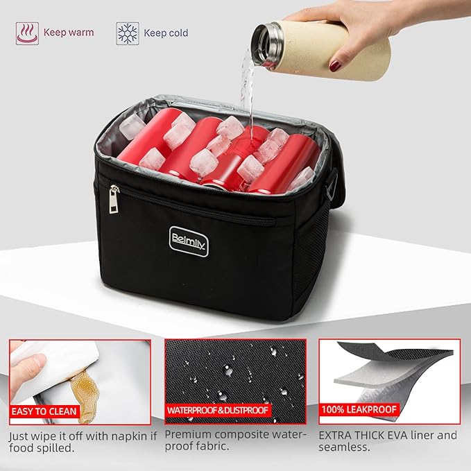 BEIMILY Lunch Bag for Women/Men,Reusable Lunch Box Small Cooler Bag Soft Sided,Leakproof Cooler Bag for Office Work Picnic Beach with Adjustable Shoulder Strap (deep Black), 2311A