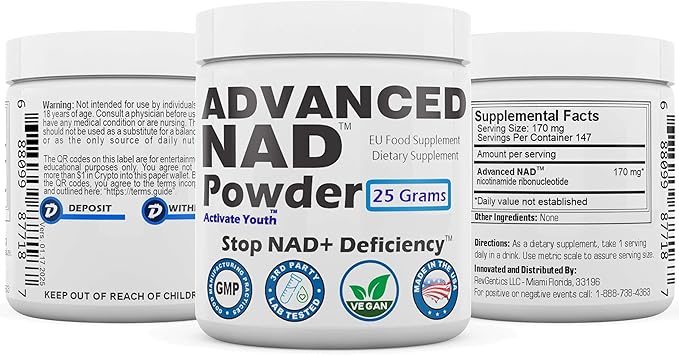 Advanced NAD Powder - Dietary Supplement, 147 Servings, Unisex, Vitamin B3 (NAD), 25 Grams