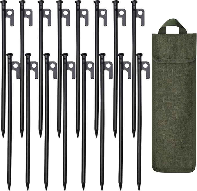 16 Pack Tent Stakes, 12in Tent Stakes Heavy Duty with Storage Bag, Forged Steel Tent Pegs for Camping Unbreakable and Inflexible(16pcs 12in Stakes)
