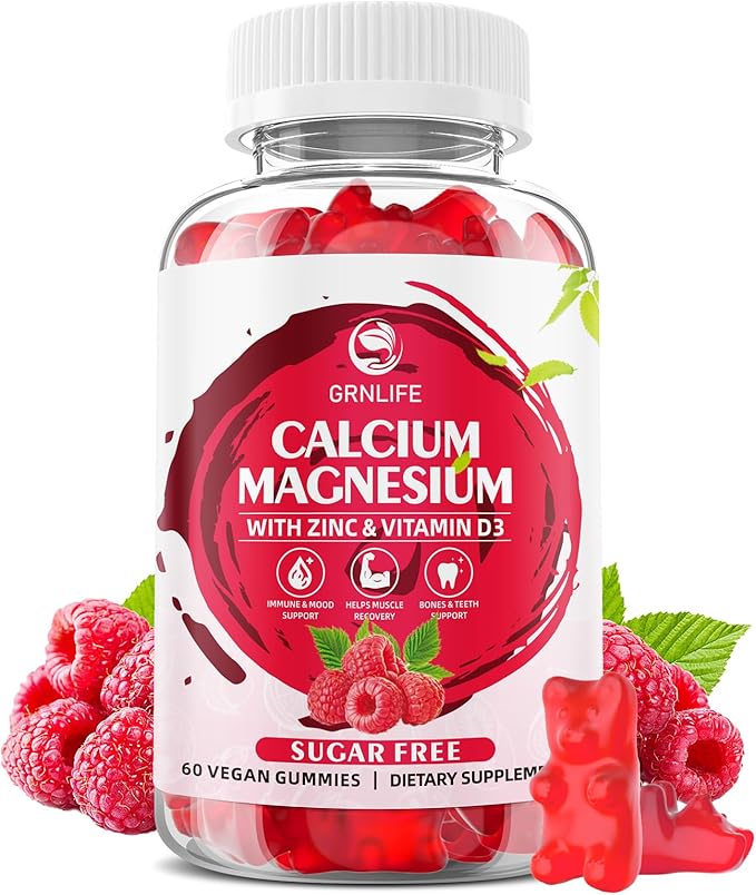 Calcium Magnesium Zinc Gummies with Vitamin D3, Sugar Free Calcium Gummies for Women Men, High Potency Magnesium Gummies for Bone & Muscle & Immune Health, Raspberry Flavor - 60 Count