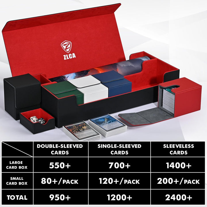 ZLCA Card Deck Box with Playmat for MTG TCG, Large Card Storage Box with 5 PCS Deck Box Holds 2400+ Unsleeved Trading Cards, Card Deck Case with Dice Tray Fits Yugioh Sports Cards (Black&Red Set)