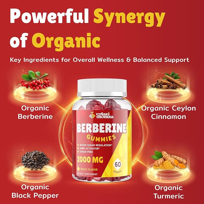 2000mg Berberine Supplement Gummies - High Potency Berberine with Ceylon Cinnamon Candy, Turmeric, Magnesium, Chromium - Sugar Free, Vegan, Non-GMO, Gluten-Free - Peach Flavor 60 Gummies - 1 Pack