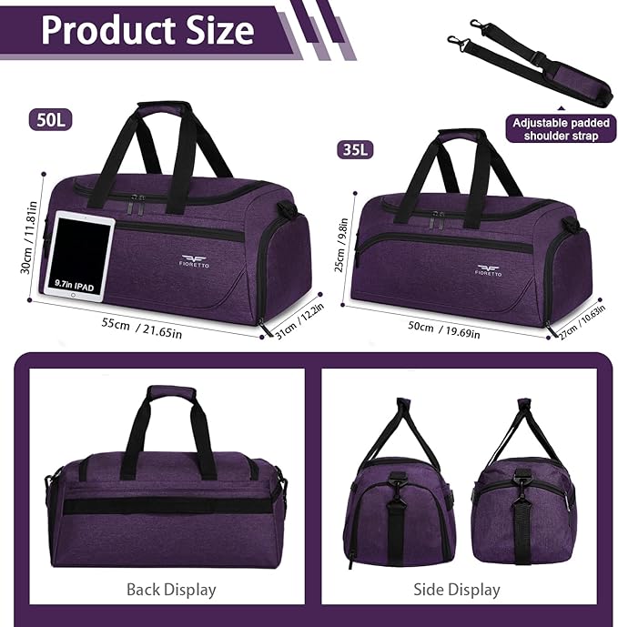 FIORETTO 35L Mens Sports Gym Duffle Bag with Wet Pocket & Shoe Compartment, Overnight Weekender Bag with Padded Shoulder Strap, Ideal for Travel, Gym, Sports, Swimming, Purple