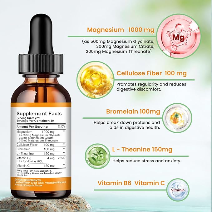 2 Pack Magnesium Glycinate Liquid Drops, 1000mg of Magnesium Glycinate, Citrate & Threonate for Sleep, Nerve, Energy, Muscle, Bone, Calm & Digestion, High Absorption, 2 Fl Oz, Pineapple Flavor