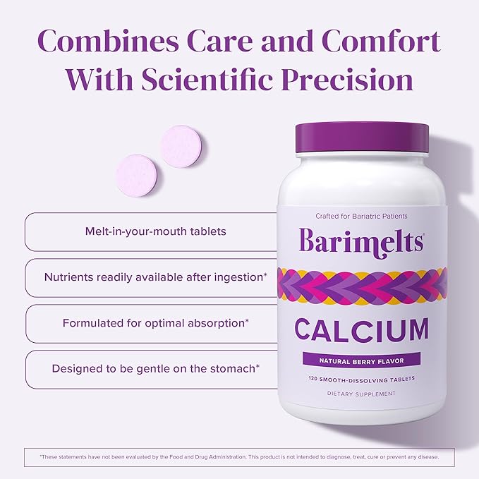 Barimelts Calcium Citrate with Vitamin D3 & Magnesium, 120 Smooth-Dissolving Tablets (1-Month Supply), Bariatric Calcium Supplements for Women, Natural Berry Flavor