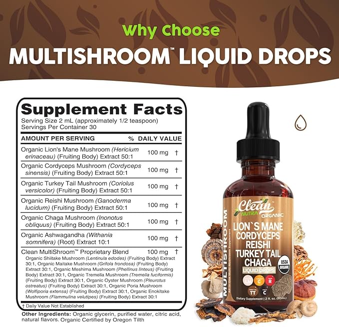Organic Mushroom Supplement Liquid Drops with Lions Mane Turkey Tail Cordyceps Reishi Chaga Shitake Maitake Tremella Oyster Mushrooms Poria and Enokitake Mushrooms Complex Blend by Clean Nutra