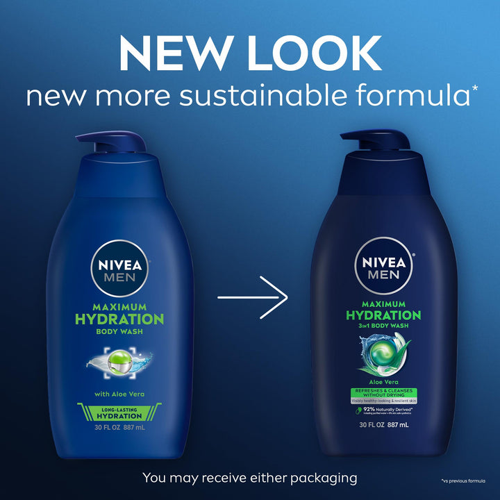 NIVEA MEN Maximum Hydration Body Wash for Dry Skin, Aloe Vera Enriched, 3-in-1 Moisturizing Body Wash, Face and Hair, Paraben Free, Vegan Formula, 30 Fl Oz Bottle