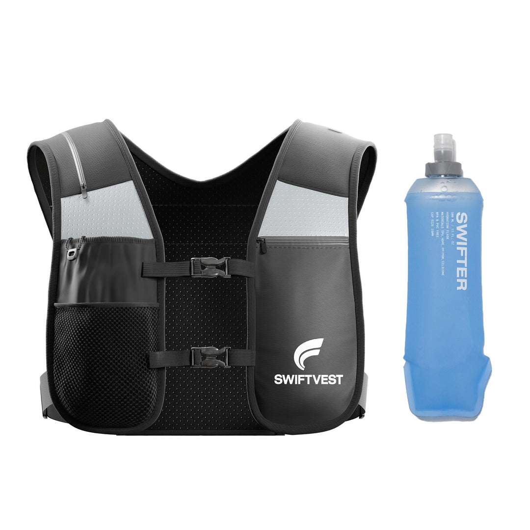 SWIFTVEST Running Phone Holder Vest with 500ml/17oz Running Water Bottle | Waterproof Pouch | Reflective Hydration Vest | Adjustable | Lightweight | 6 Pockets for Running Accessories - Men & Women