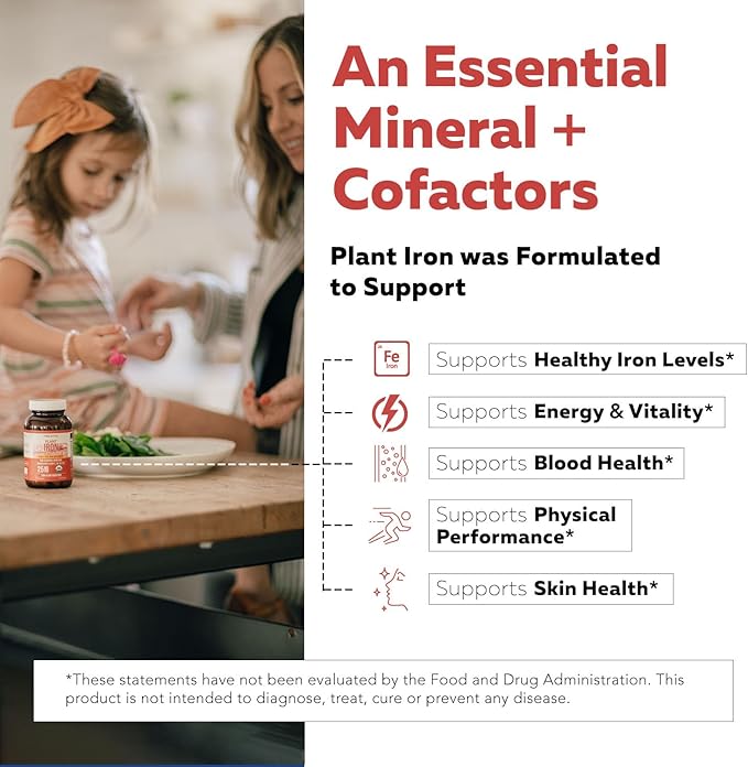 Organic Iron Supplement | Whole Food Iron & Cofactors, 25 mg Elemental Iron | Enhanced Absorption Plus Blood Builder Vitamins - Gentle Form - Support Healthy Iron Level & Blood Health - 90 Capsules
