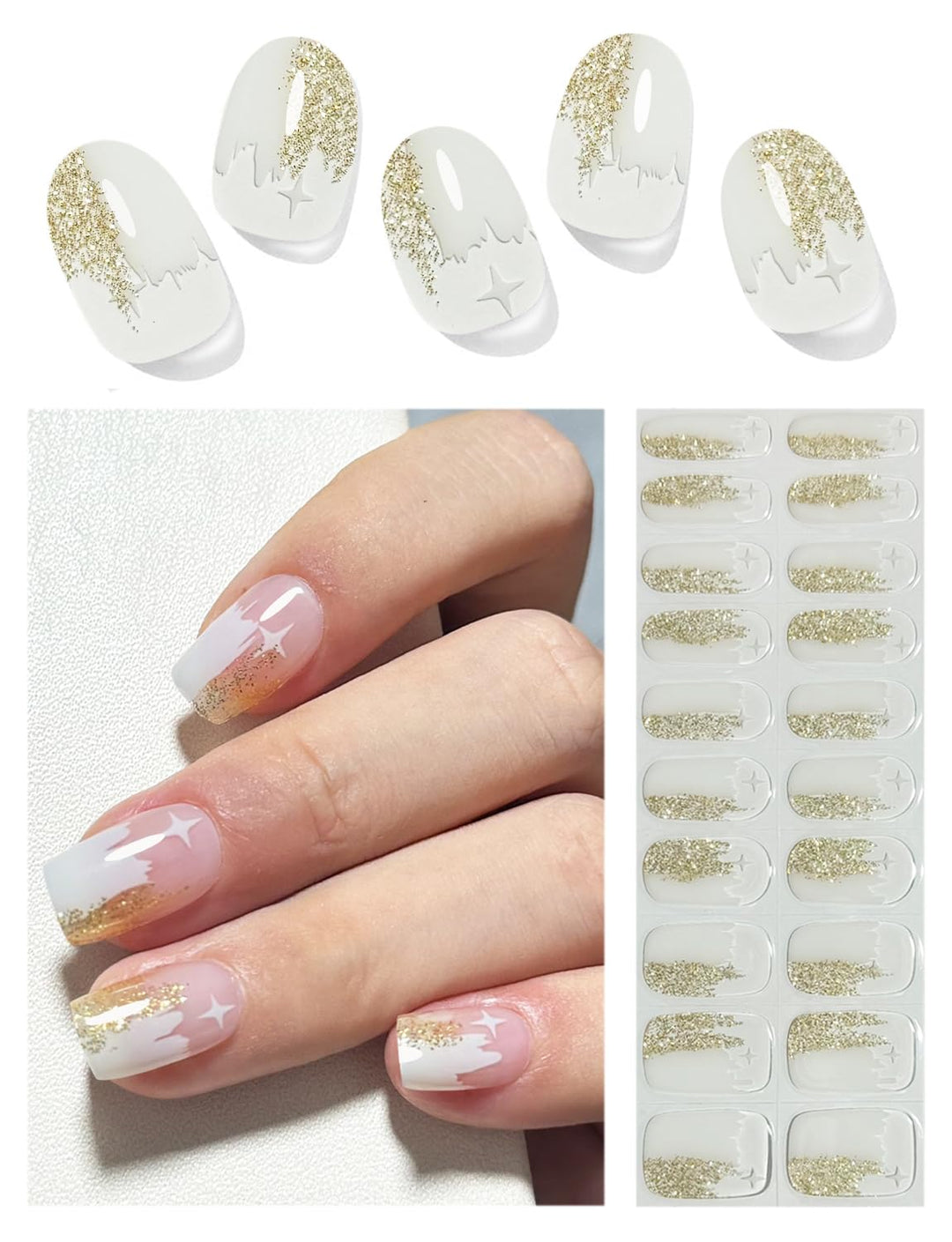 Semi Cured Gel Nail Wraps, 20pcs UV Nail Stickers - White & Glitter