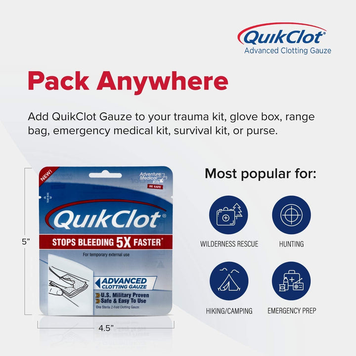 Adventure Medical Kits QuikClot Gauze - Gauze for Emergency Survival Kit, Doomsday Prepping Supplies & More - Stops Bleeding Fast with Kaolin - Flexible Hemostatic Medical Gauze - 3" x 48"