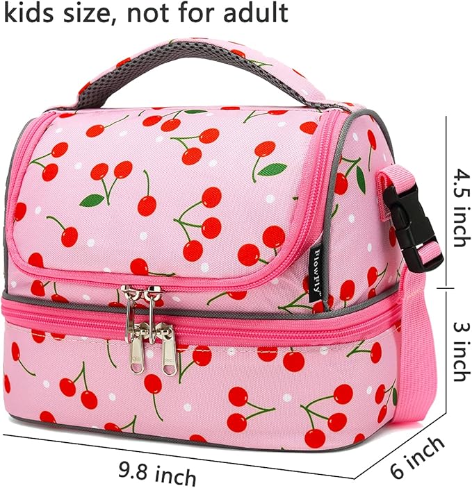 FlowFly Kids Double Decker Cooler Insulated Lunch Bag Large Tote for Boys, Girls, Men, Women, With Adjustable Strap, Cherry