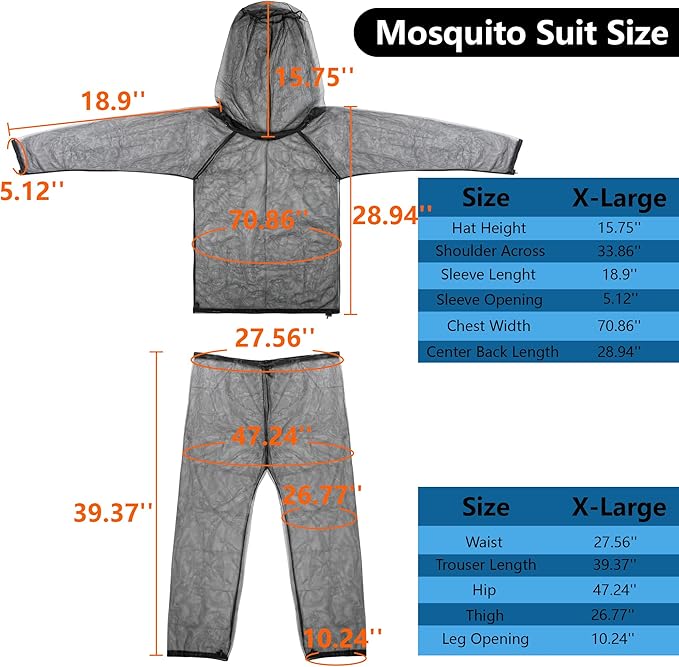4 Pcs Mosquito Suit for Adult-Full Body Mosquito Net Suit Including Jacket Hood,Pants and Mitt Set-Outdoor Mesh Bug Protection from Bugs,Flies and Gnats