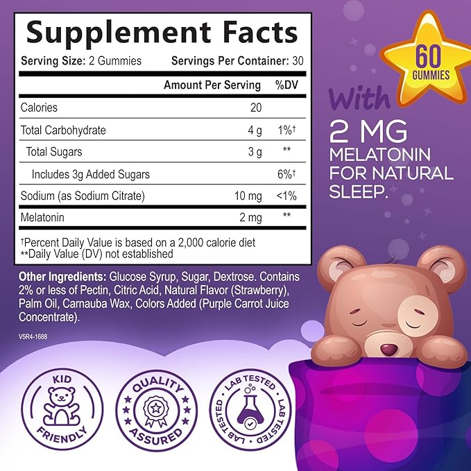 Kids Sleep Gummies 2mg - Children's Sleep Gummy with Melatonin, Non-Habit Forming, Works with Natural Sleep Cycle, Supports Peaceful, Restful Sleep, Calm & Drug-Free, Natural Berry Flavor, 60 Gummies