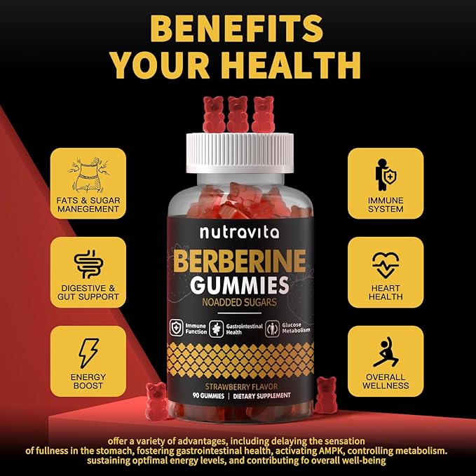 Berberine Gummies with Ceylon Cinnamon 1500mg High Potency Berberine HCL Supplement for Immune and Metabolism Support, Sugar Free Organic Berberine Gummies Strawberry Flavor-1PACK