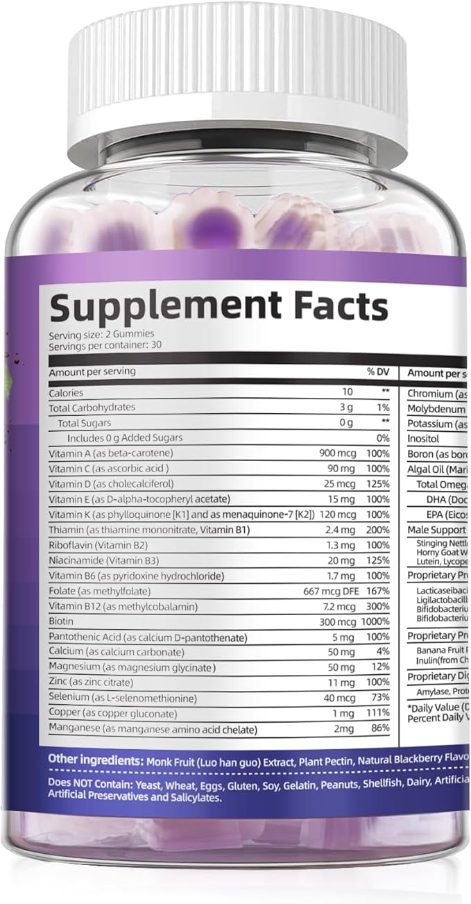 Multivitamin for Men, Mens Multivitamins Gummies w/Omega-3, Probiotics, Inositol, Folate, Biotin, Zinc, Vitamins A, C, D, E, B, - Support Heart, Brain, Muscle, Energy, Sugar-Free, Blackberry Flavor