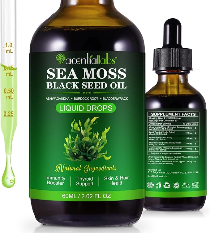 Sea Moss Liquid Drops - Irish Sea Moss with Burdock Root, Black Cumin, Bladderwrack, Ashwagandha - Essential Minerals Seamoss Supplement for Immune, Joint, Digestion, Aging Support