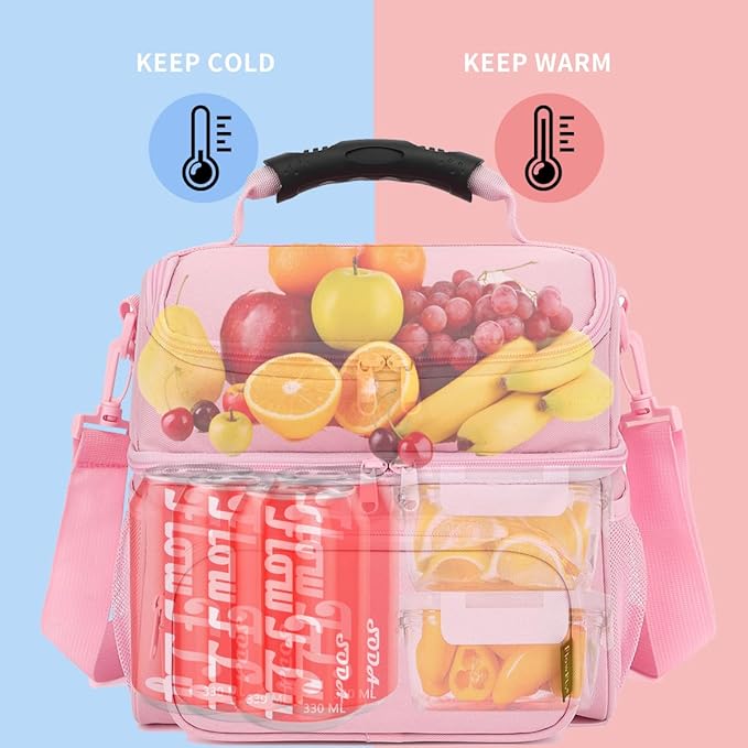 FlowFly Double Layer Cooler Insulated Lunch Bag Adult Lunch Box Large Tote Bag for Men, Women, With Adjustable Strap,Front Pocket and Dual Large Mesh Side Pockets