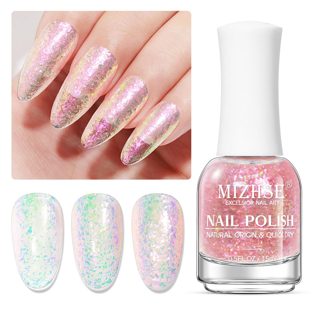 Mizhse Nail Polish: 15Ml Mermaid Pearl Nail Polish Pink Aurora Sequins Effect Nail Polish, Fingernail And Toenail Polish Glossy