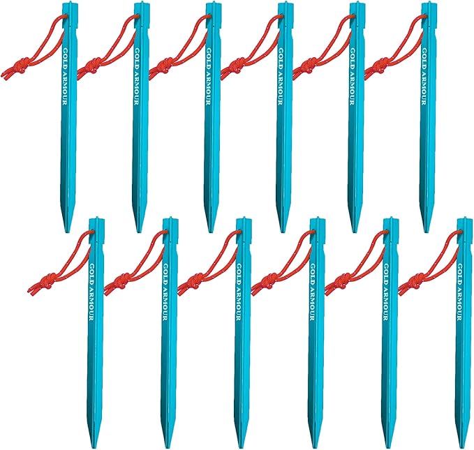 Gold Armour Tent Stakes - 12 Pack Heavy Duty, Lightweight, Camping Stakes Pegs for Outdoor Tent and Tarp, Essential Camping Gear Equipment Accessories (Blue)