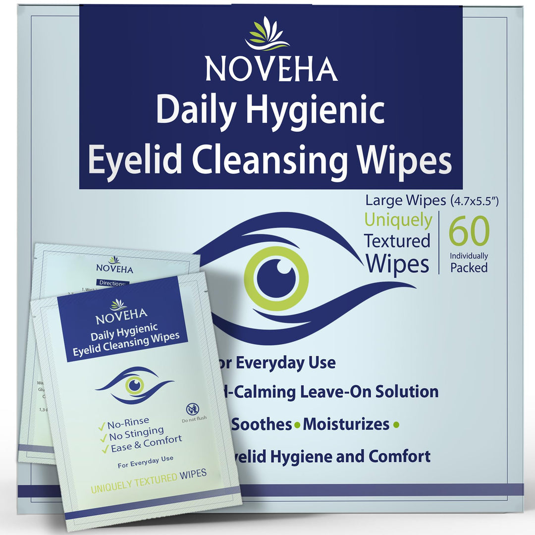 NOVEHA Daily Hygienic Eyelid & Lash Wipes | For Blepharitis & Itchy Eyes, Demodex | Box Of 60 Individually Wrapped Eyelash Wipes, Natural Makeup Remover & Daily Cleanser