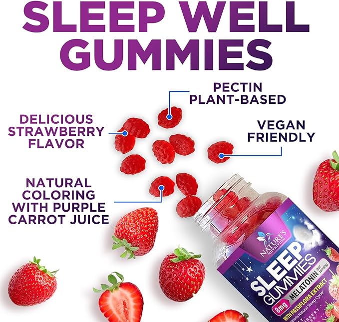 Sleep Gummy 8mg Melatonin - Extra Strength Sleep Support with 20mg Passiflora, Natural Sleeping Gummies for Adults, Vegan & Non-GMO, Melatonin Supplement for Restful Sleep Women & Men - 60 Gummies