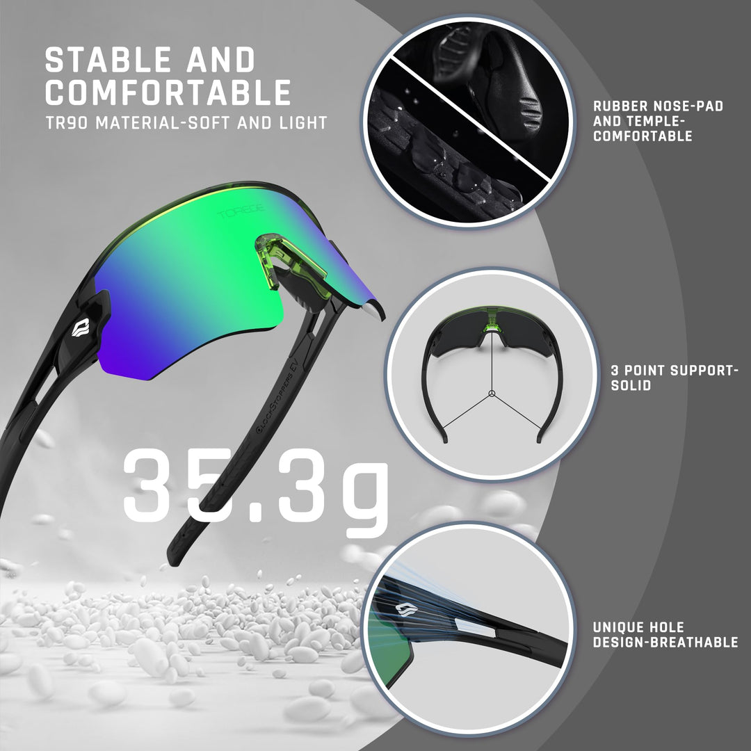 TOREGE Z87 Sunglasses for Men Women Cycling Fishing Running Driving Baseball Anti-fog Sports Sunglasses UV Protection 02EV (Transparen Gray&Black&Green Lens)