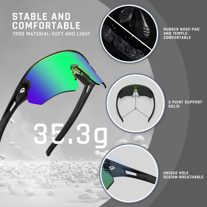 TOREGE Z87 Sunglasses for Men Women Cycling Fishing Running Driving Baseball Anti-fog Sports Sunglasses UV Protection 02EV (Transparen Gray&Black&Green Lens)