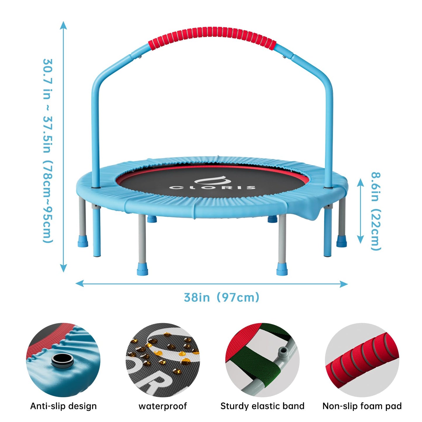CLORIS 38in/40in/48in Folding Trampoline Mini Rebounder Fitness Trampoline with Adjustable Foam Handle for Kids/Adult, with safty Padded Cover Best Gift for Kids/Adult (38in-Green)