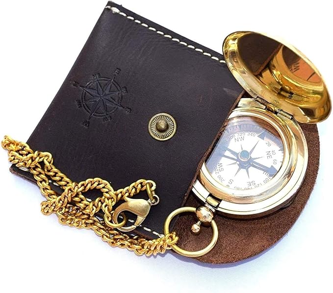 VERTERIS Nautical Vintage Compass Solid Brass Compass in a Black Leather Case