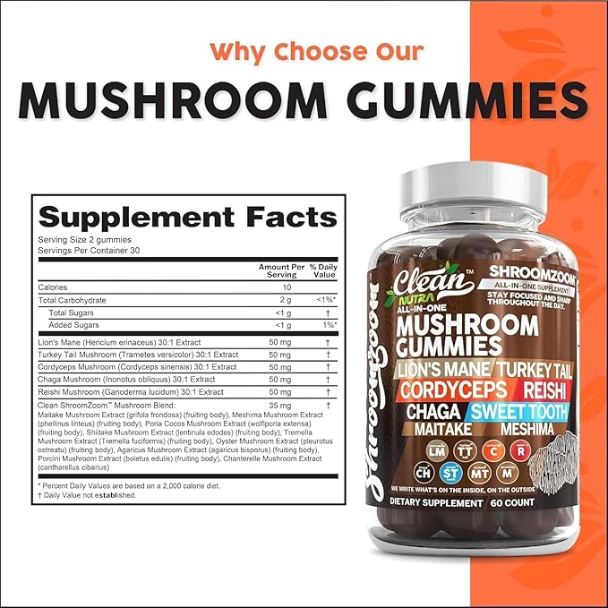 15in1 Mushroom Gummies with Lion's Mane Turkey Tail Cordyceps Reishi Chaga Sweet Toot Maitake Meshima Poria Cocos Shiitake Tremella, Oyster Agaricus Mushrooms for Men and Women Supplement Clean Nutra