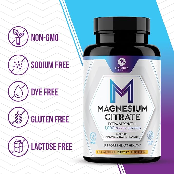 Magnesium Citrate Extra Strength 1000 mg - High Absorption Magnesium Supplement for Muscle, Bone, Nerve & Heart Health Support, Magnesio Vitamin Pills, Non-GMO, Nature's Premium Formula - 180 Capsules