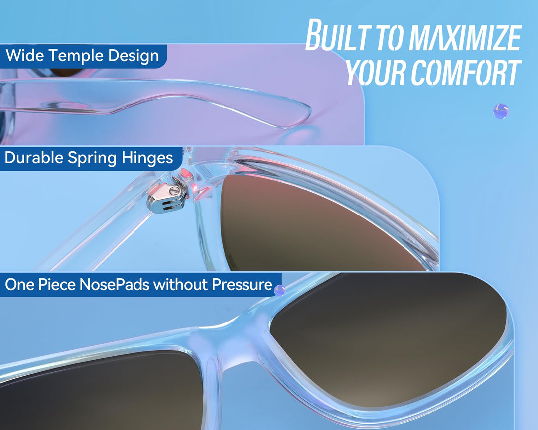 VELAZZIO Polarized Sunglasses for Men Women UV400 Protection Unisex Sunglasses Ultralight Frame for Driving Cycling Skiing, Clear Frame Blue Lens