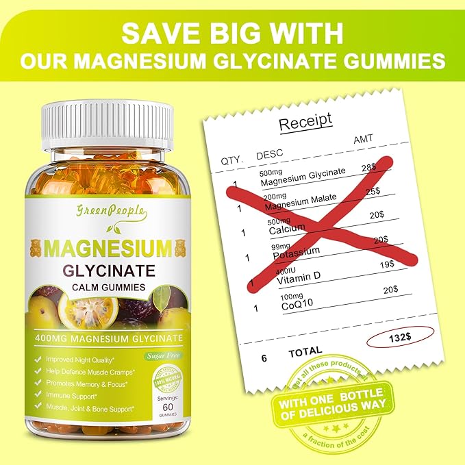 Magnesium Glycinate Gummies 400mg - Sugar Free Magnesium Potassium Supplement with Magnesium Malate, Vitamin D, B6, and CoQ10 for Calm Support & Sleep for Adults - Passion Fruit Gummies