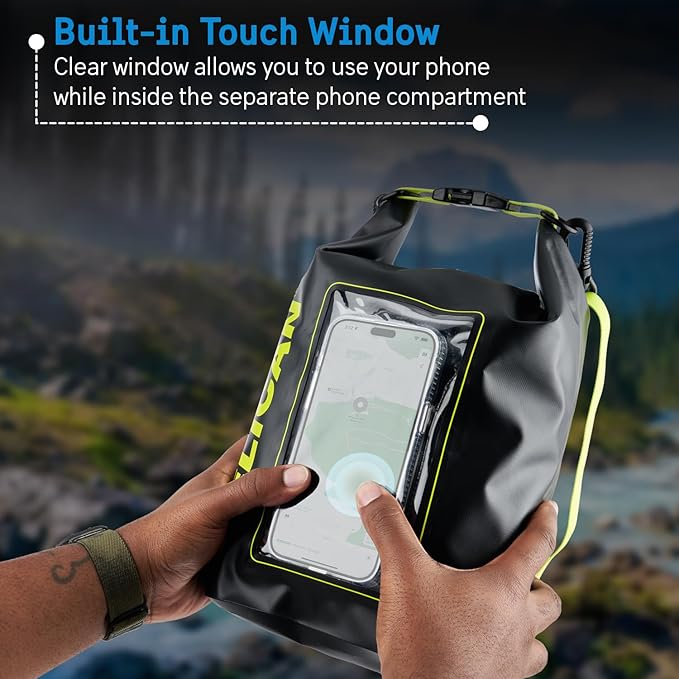 Pelican Marine IP68 Waterproof Dry Bag 5L - Roll Top Waterproof Backpack w/Phone Case/Pouch - Boating & Kayak Accessories - Essentials for Camping Swimming Beach Fishing Rafting Travel - Black/Yellow