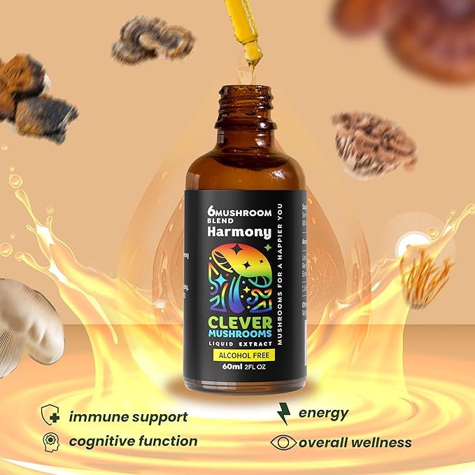 6 Blend Mushroom Liquid Extract, US Grown Mushrooms Alcohol Free, Natural Energy, Cognitive Support, Immunity Boost,100% Fruit Bodies, Lion's Mane, Cordyceps, Reishi, Chaga, Turkey Tail (1 fl oz)