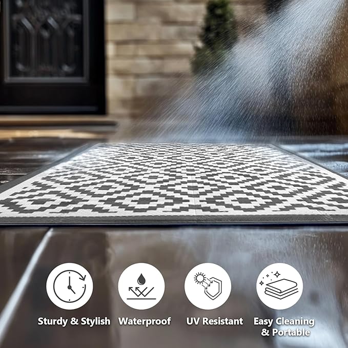 5x8 ft Outdoor Rug Waterproof, Plastic Straw Patio Carpet - UV Resistant Reversible Indoor Outdoor Rugs for Porch, Camping, Poolside, RV, Balcony, Easy to Clean, Black and White